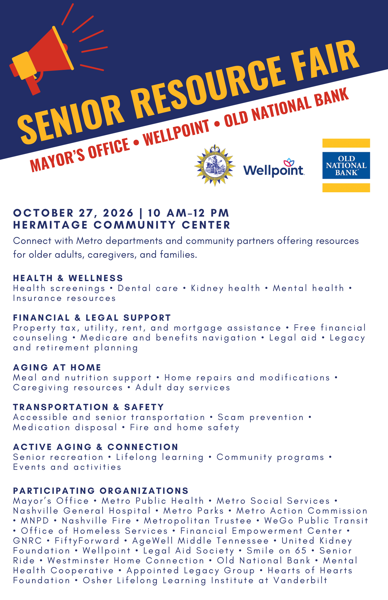 Senior Resource Fair flyer with event details, megaphone icon, and blue and orange color scheme.