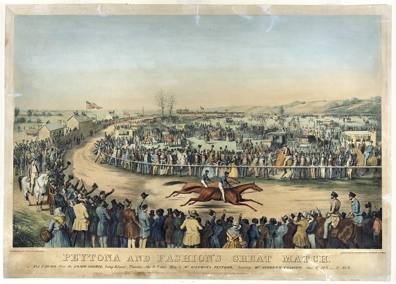 Historical hand-colored illustration depicting a large crowd gathered around a horse racing track