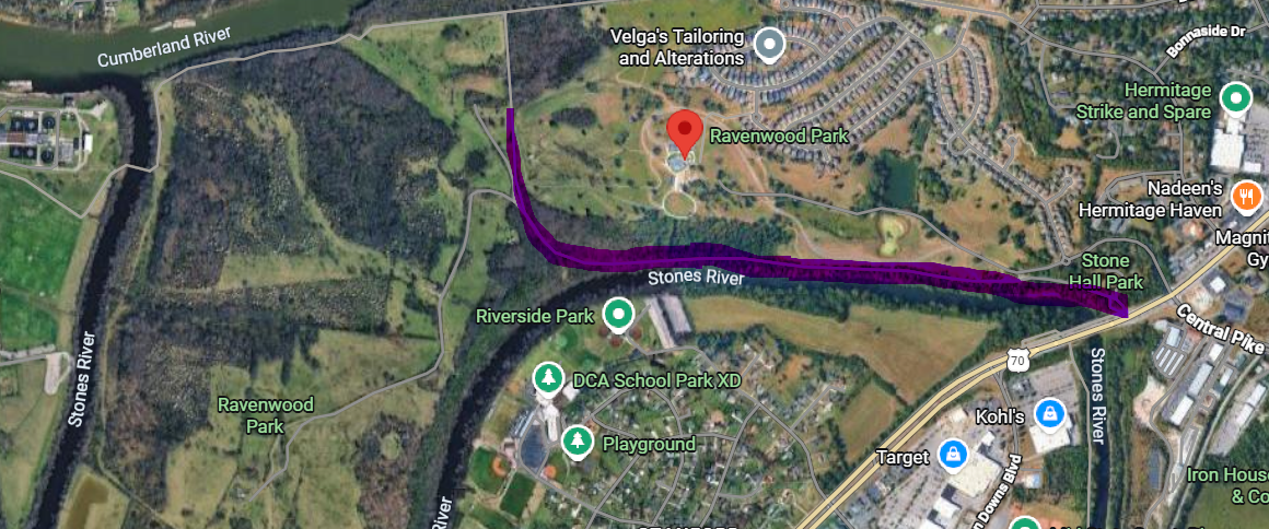 Aerial view of Stones River Greenway - Ravenwood Park (Lytle Bend) showing a section highlighted where construction will happen.