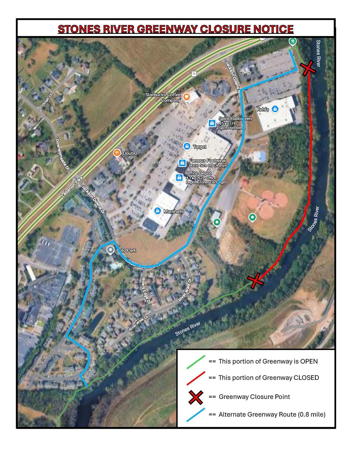 Aerial view map of river bend area showing industrial facility, residential neighborhoods, and green spaces with legend indicating different zones.