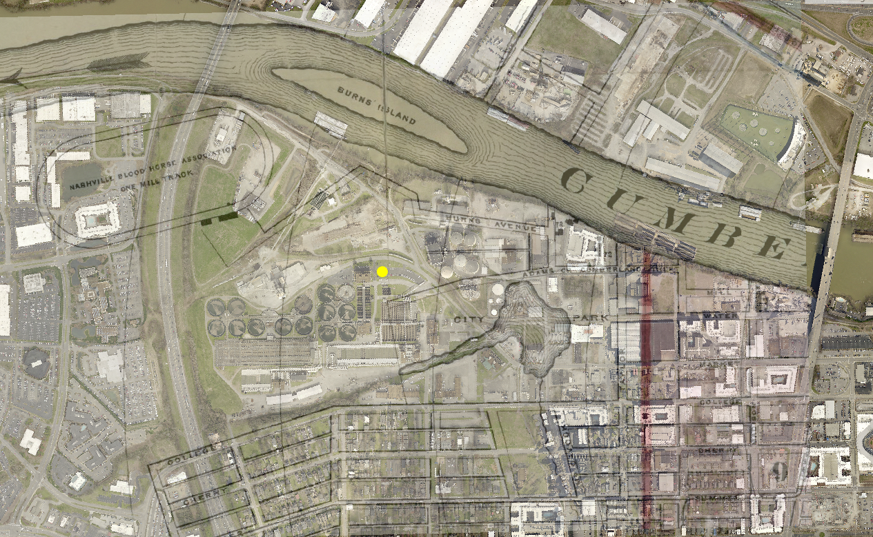 Aerial map view of an water plant with an old map overlayed. 