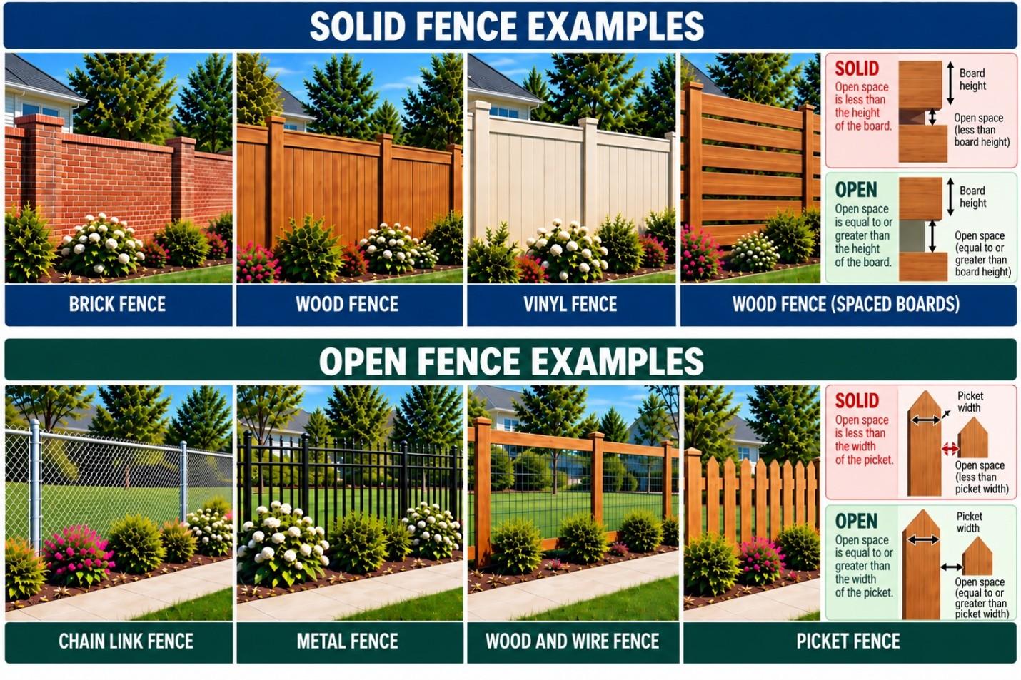 Comparison chart showing various solid and open fence design examples with wood and metal materials in different styles and colors.