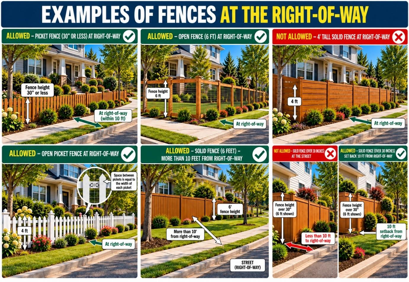 Examples of different fence styles including picket, privacy, decorative, and gate designs for residential properties.