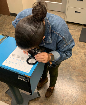 Examiner looking at prints with black prints ink