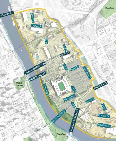map showing boundaries of the East Bank Study Area with streets marked