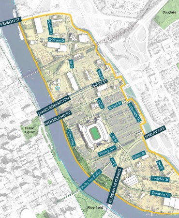 map showing boundaries of the East Bank Study Area with streets marked