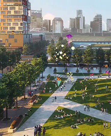 artist rendering of an aerial view of a green space in the East Bank area