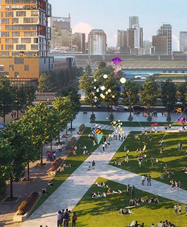 artist rendering of an aerial view of a green space in the East Bank area