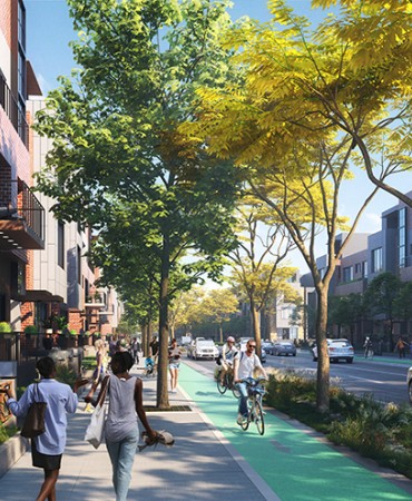 artist rendering of a residential street in the proposed East Bank area