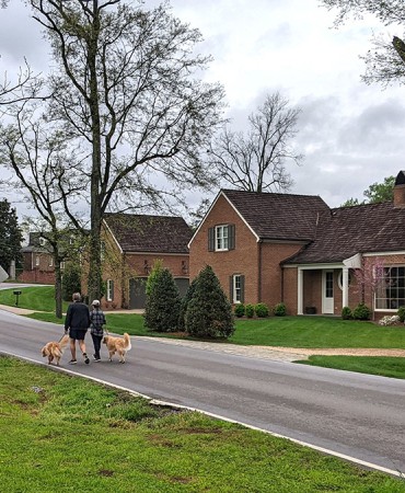 two people on a residential street walking dogs