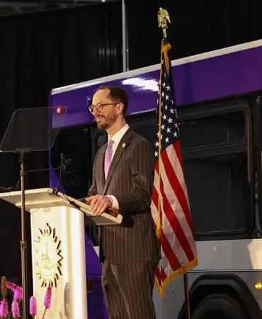 Mayor Freddie O'Connell on stage delivering the State of Metro Address