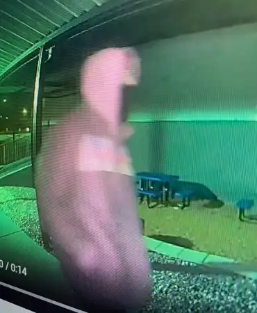 hooded figure in surveillance screenshot