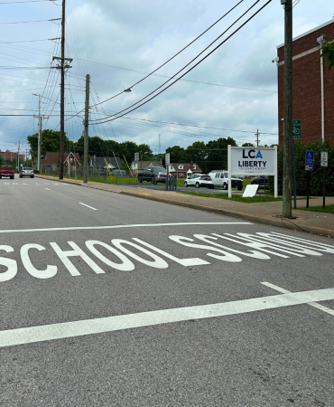 School Zone Markings at Liberty Collegiate Academy on Hart Lane