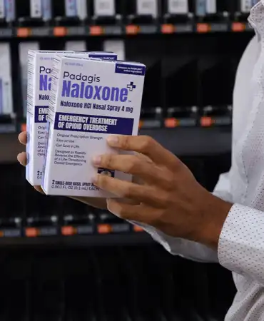 Close up photo of a person holing two boxes of Naloxone