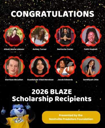 2024 BLAZE Scholarship Recipients announcement featuring eight circular photos of recipients on a dark starry background with a yellow "Learn More" button.