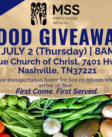 MSS Food Giveaway poster announcing event on July 2, featuring fresh produce and vegetables.