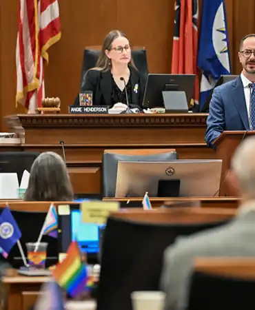 Mayor Freddie O'Connell addresses the Metro Council from a podium