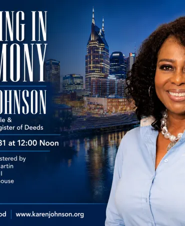 Karen Johnson smiling in light blue shirt with castle in background, swearing-in ceremony announcement poster.