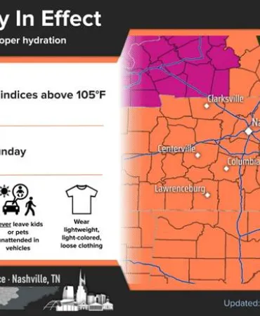 Heat advisory map showing orange-shaded counties with warning icons for dangerous conditions.