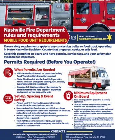 Nashville Fire Department mobile command vehicle and fire truck infographic with operational procedures and permit requirements.