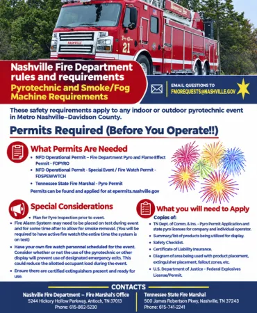 Red fire truck parked in front of trees with permit information and safety guidelines displayed below.