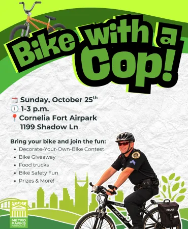 Bike with a Cop event poster featuring officer on bicycle against yellow-green background with cityscape silhouette.