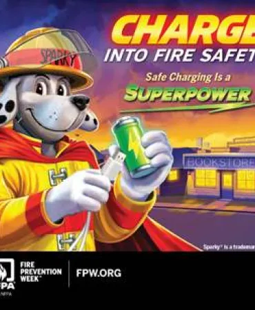 Cartoon firefighter dog in yellow and red gear holding a water hose, with "Charge Into Fire Safety" text on blue background.
