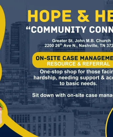 Yellow and blue graphic promoting Hope and Help Community Connect event with phone number and registration details.